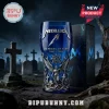 Blue glass Metallica 45 years of fury beer pint glass with silver embossed angel and cemetery relief design.!