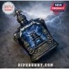 Metallica 45th anniversary whiskey bottle featuring an electric chair, skull accents, and lightning against blue glass.!