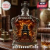 Metallica 45th anniversary whiskey bottle with electric chair centerpiece, skull topper, and amber liquid in study.!