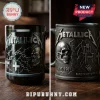 Metallica Master of Puppets black ceramic mug featuring embossed skull, electric chair, and chain motifs.!