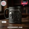 Metallica black ceramic mug with silver embossed skull, electric chair, cross, and Master of Puppets text.!