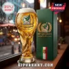 Mexico 100th anniversary soccer trophy beer glass with gold emblem and matching green presentation box on wood table.!
