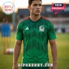 Man wearing a green Mexico national soccer team jersey with red and white accents, featuring a zigzag graphic pattern.!