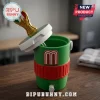 Green plastic water cooler drink mug with red grip, white lid, and gold World Cup trophy-shaped handle topper.!