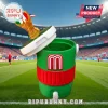 Green plastic water cooler with M logo and gold-colored trophy lid handle on a stadium field background.!