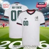 Custom white Mexico soccer jersey with red and black trim, featuring a crest, trefoil logo, and customizable back text.!