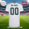 Customizable white soccer jersey with black and red sleeve trim featuring dark green number 00 and Any Name text on back.!