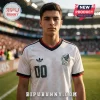 Man wearing a white Mexico national team soccer jersey with number 00, black trim, and an Adidas logo on a stadium field.!