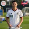Man wearing a white Mexico national soccer jersey with black and red trim, Adidas logo, and number 00 on the chest.!