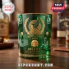 Green glass whiskey tumbler featuring Mexico World Cup 2026 branding, golden Aztec motifs, and stadium illustrations.!