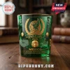 Green glass tumbler featuring gold Mexico World Cup 2026 emblem, Aztec deity icon, soccer balls, and Estadio Azteca etching.!
