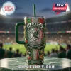 Mexico national soccer team themed stainless steel tumbler with rhinestone accents, handle, straw, and stadium background.!