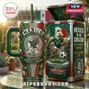 Mexico soccer stainless steel tumbler with eagle mascot and national flag graphics on a marble table with matching case.!