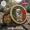 Gold Mexico soccer championship ring with green, white, and red enamel, crystal border, and embossed Aztec pyramid detail.!