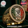 Gold Mexico soccer championship ring with green, white, and red enamel, crystal accents, and relief of a team huddle.!
