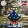 Faceted glass whiskey bottle shaped like a wolverine head, colored in blue and yellow with Michigan Wolverines lettering.!