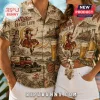 Vintage beige button-down shirt with Miller High Life beer graphics, girl on moon, delivery truck, and palm tree print.!