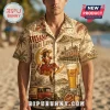 Miller High Life button-down Hawaiian shirt featuring a vintage pin-up girl, beer glass, and brewery graphics on tan fabric.!
