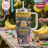 Minions themed stainless steel tumbler with a straw, featuring embossed characters, bananas, and text Banana Party.!