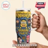 Minions 3D-effect yellow and blue stainless steel tumbler with straw, featuring Gru, Agnes, and banana illustrations.!