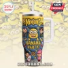 Minions 3D-effect yellow and blue insulated tumbler with Gru, girls, bananas, and text Banana Party on white background.!