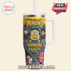 Minions 3D-effect yellow and blue stainless steel tumbler featuring Gru, Agnes, and bananas with a white lid and straw.!