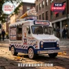 Mister Softee 70th anniversary model ice cream truck toy on brick street with red, white, and blue paint and soft serve top.!