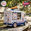 Mister Softee 70th anniversary model ice cream truck toy with red and blue confetti pattern on white background.!