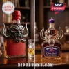 Two glass liquor bottles featuring devilish horned metallic and clear glass mascots with red wax or purple crown stoppers.!
