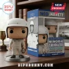 Ned Jarrett vinyl figure wearing white racing gear and helmet with black steering wheel on a round grey base.!