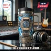New Kids on the Block 3D design tumbler with blue tie-dye pattern, guitar bridge, and music gear accents on a desk.!