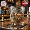 New York Knicks 2026 Eastern Conference Champions whiskey glass with embossed trophy, basketball, and city skyline relief.!