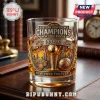 New York Knicks 2026 Eastern Conference Champions whiskey glass featuring gold trophy, NYC skyline, and basketball logos.!