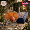 New York Knicks 2026 Eastern Conference Champions glass whiskey bottle with basketball icon and blue presentation box.!