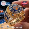 New York Knicks 2026 Eastern Conference championship gold ring with blue enamel, embedded gemstones, and city skyline relief.!