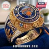 New York Knicks 2026 Eastern Conference Champions gold championship ring with blue enamel, crystals, and team branding.!