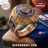 Gold New York Knicks 2026 Eastern Conference championship ring with blue enamel, embedded crystals, and team lettering.!