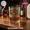 New York Knicks 2026 NBA Champions whiskey glass with etched team logo, skyline, and text on a wooden bar top.!