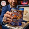 New York Knicks 2026 NBA Champions whiskey glass with team logo, laurel wreath, and city skyline graphics in a display box.!