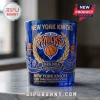 Blue glass tumbler featuring raised gold New York Knicks 2026 NBA Champions logo, basketball graphics, and city skyline.!
