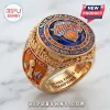 New York Knicks 2026 NBA championship ring featuring blue and orange enamel, gold laurel leaves, and championship trophy icon.!