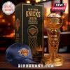 New York Knicks 2026 NBA Finals Champions glass trophy bottle, matching navy blue cap, and branded presentation box.!