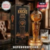 New York Knicks 2026 NBA Finals Champions basketball-shaped glass whiskey bottle on a marble table with a matching box.!