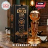 New York Knicks 2026 NBA Finals Champions glass whiskey bottle shaped like a basketball and hoop on a wooden table.!