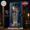 New York Knicks 2026 NBA Finals Champions glass trophy bottle with basketball topper inside a velvet-lined wooden box.!
