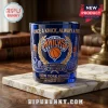 Blue glass New York Knicks 80th anniversary whiskey tumbler with gold team logo, basketball graphics, and legacy text.!