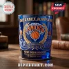 Blue New York Knicks 80th anniversary whiskey glass featuring orange basketball logo, gold wheat accents, and embossed text.!
