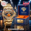 Gold-toned New York Knicks Empire Court Legacy Edition wristwatch with crystal-encrusted bezel and branded storage box.!