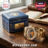 New York Knicks gold-tone wristwatch with diamond bezel, basketball logo face, and matching blue leather display box.!