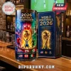 2026 Football Championship glass tumbler and packaging featuring the tournament trophy, player silhouettes, and national flags.!